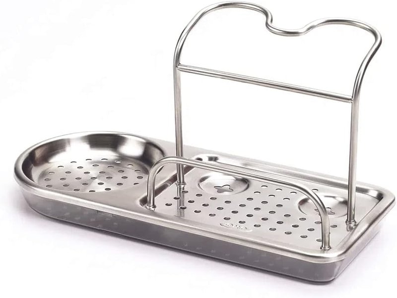 Stainless steel OXO sink caddy with a drip tray