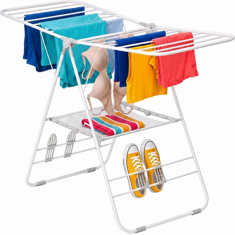 White folding gullwing drying rack with clothes
