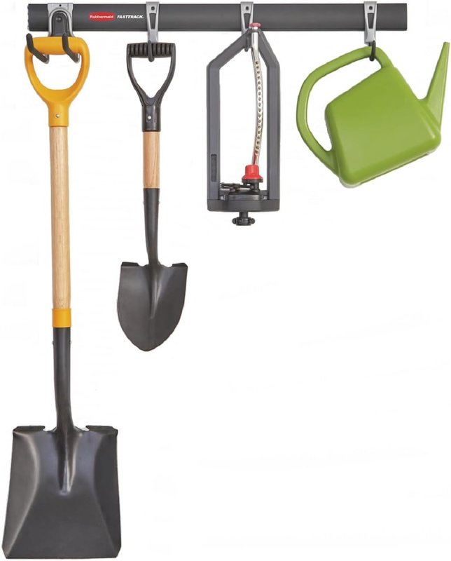 Rubbermaid wall rail holding a shovel, rake, and watering can