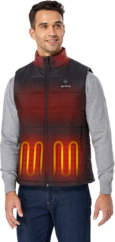 Man wearing a black ORORO heated vest with glowing heat zones