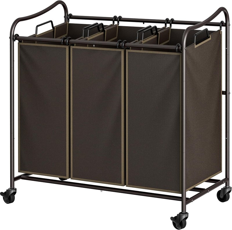 Bronze rolling laundry cart with three brown bags