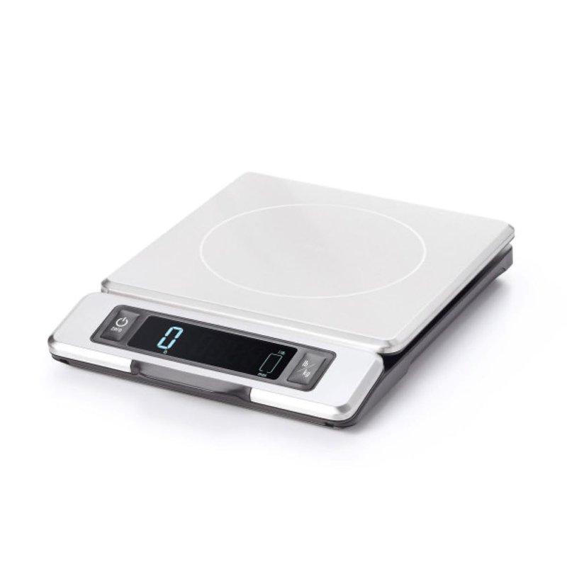 Stainless steel OXO kitchen scale with a pull-out display