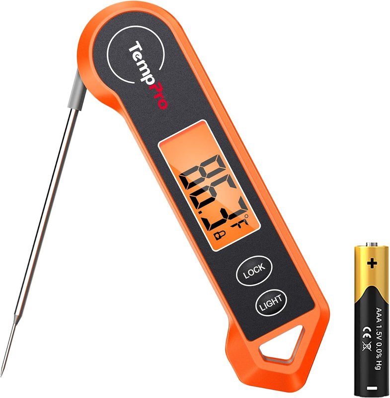 Orange TempPro digital meat thermometer with probe extended