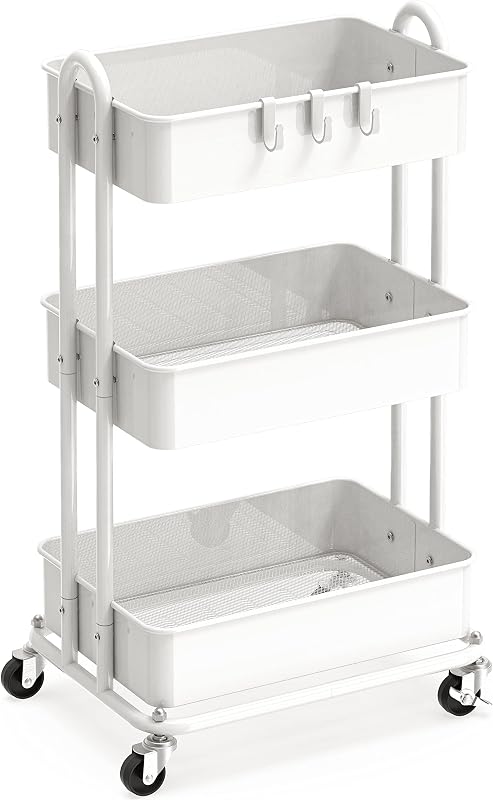 White three-shelf metal cart on wheels