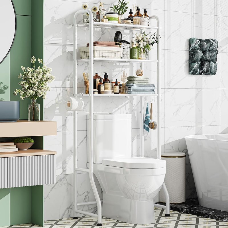 White three-tier metal shelf over a toilet