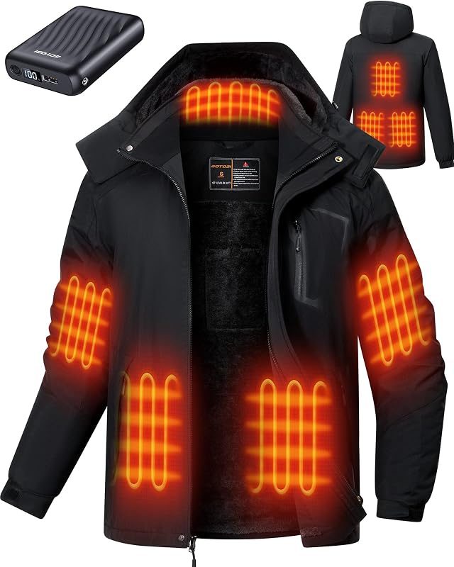 Black battery-powered heated jacket with hood