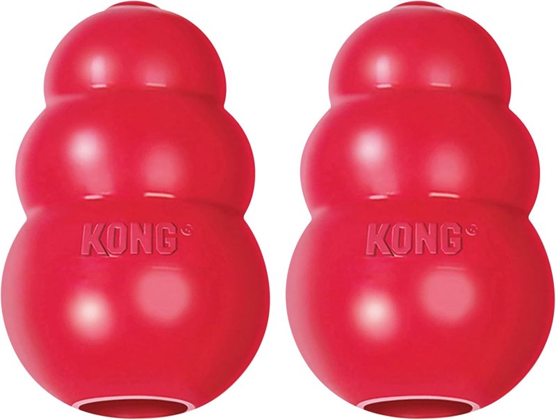 Two red KONG rubber dog toys